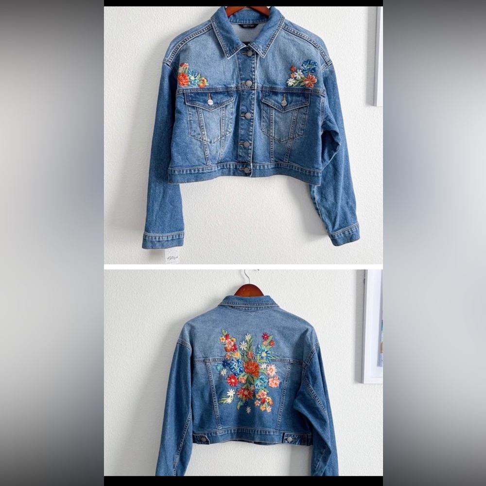 NWT Free People x Driftwood Le Bouquet Cropped Denim Jacket Size Large